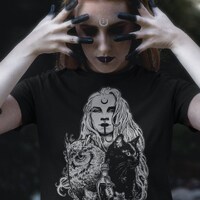 Witch T-Shirt: Owl, Cat & Witchy Design - Black Unisex Tee