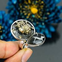 Moroccan Mud Crack Fossil Owl Ring, 18K Gold Plated Gemstone Ring, Brown Multi Stone Adjustable Ring