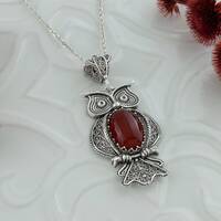 Carnelian Silver Owl Gothic Pendant Necklace, 925 Sterling, Artisan Handmade Filigree Fancy Animal L