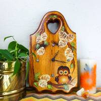 Vintage 80s clock w/ cute owl woodland scene, 70s 1980s rustic cabin cottagecore home decor, wood wa