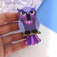 Brooch Owl, 'Midnight', hand made, bird, walnut wood, purple, Halloween, retro, laser cut, P