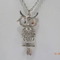 Vintage Silver Tone Hinged Owl Pendant Necklace (5727) Double 20" & 24" Chains