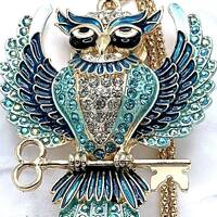 Betsey Johnson Blue AB Crystal Enamel Owl Perched on Golden Key Necklace RETIRED