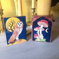 Barn Owl or Mushroom Pyrography Art, Original Painting and Woodburning, Shelf Sitter