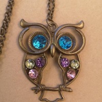 Large Bohemian style Owl Pendant Necklace gold brass tone and long trace chain