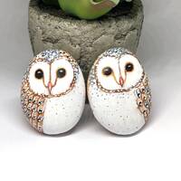 Two Little Barn Owl Painted Rocks, unique owl painted stones for gift and room decor, Owl gifts for 
