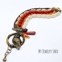 Owl Gemstone Bracelet, Multi Strand Carnelian and Garnet Bracelet, Woodland Bracelet, Autumn Jewelry