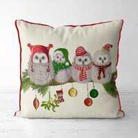 Cute owl Christmas pillow cover, Fluffy owls on branch Christmas cushion, Festive gift for xmas home