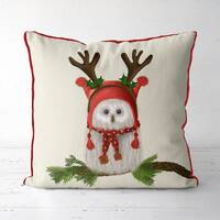 Christmas pillow cover, Fluffy owl in antlers Christmas cushion, Funny festive gift or holiday home 