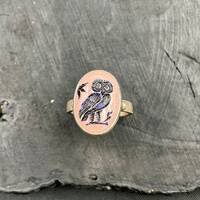 Owl of Athena engraved on Rose Quartz Ring