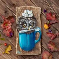 Little owl in mug painting small rustic wood funny bird kitchen wall art
