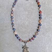 Owl Pendant is very detailed & hangs from strand of Spider Web and Matte Agate Rounds spaced wit