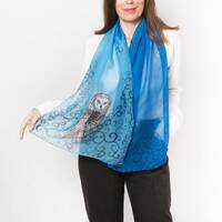 Owl Hand Painted Blue Silk Chiffon Scarf Bird Print Winter Scarf Owl Gift 57X16