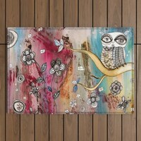 Outdoor Boho Rugs Tree Owl Flower Plant Artwork Carpet Area Rug Abstract Owls Painting Outside Floor