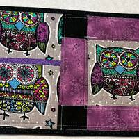 Quilted mug rugs, with pocket, hand made mug rugs, purple mug mats, owl mug rugs, owl mug mats, hand