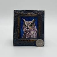 Great Horned Owl Framed Miniature Watercolor Art Print by James Steeno Mini Art, Small Art, Tiny Art