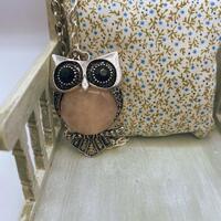 Owl Necklace: Rhodium Bird Pendant with Rose Quartz Tummy