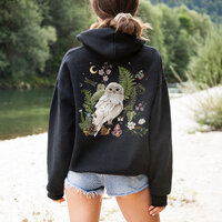 MYSTICAL WHITE OWL Full Zip Up Hoodie, Magical Floral Snowy Owl Hoodie, Forest Bird Cottagecore Swea