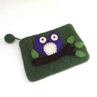 charming felted wool  bag   ...  compact mini owl clutch   ...  purse   ...   hand made in nepal
