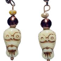 Ivory Czech Glass Owl Earrings with a bronze Picasso wash