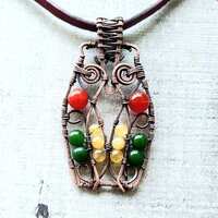 Owl Wire Wrap Necklace, handmade copper pendant, bohemian owl art, crystal beaded, natural stone boh