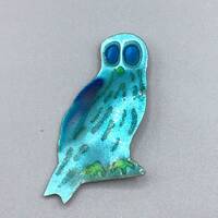 Retro Owl Brooch Blue Enamel Metal Bird Pin Handcrafted Vintage Figural Jewelry