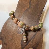 Unakite Crystal and Silver Stretch Bracelet with Owl and Pine Cone Charms