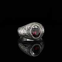 Owl Sterling Silver Garnet Ring, Antique Design Animal Jewelry, Handmade Signet Gift