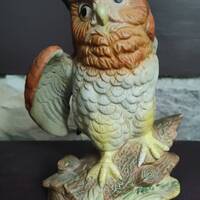 Vintage Great Horned Owl on Branch Figurine  - ca. 1960s - Royal Crown, Made in Taiwan, Bisque Porce
