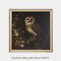 Antique Owl in Forest Oil Painting: Dark Cottagecore Print (Digital Download)