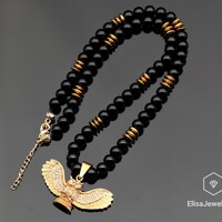 Zirconia Owl Necklace Stailess Steel Pendant Black Onyx Hematite Beaded Birthstone Emotional Calming