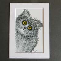 Whimsical Owl Matted Print of Pen & Ink by Kelly Green Cute Owls Art