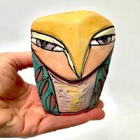 Owl art, ceramic owl sculpture, whimsical, colorful owl, "Owl Person Remembering the Dream"