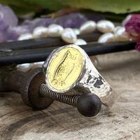 Sultan Men's 2 Tone  Owl Coin Ring Handmade 925 k Sterling Silver Hammered Mens Ring , Gift For 