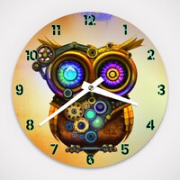 Steampunk Owl Aluminum Round Wall Clock 8.125", or Hardboard Round Wall Clock 11.4"- Batte