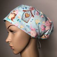Scrub cap, pink and aqua owls