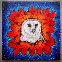 Original Painting. Barn Owl Totem in Maple Leaves. 10x10 inch. Acrylic on canvas. Barn Owls. Owl Art