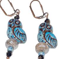 Cornflower blue with copper wash Czech glass Owl bead dangle earrings adorned with purple, blue &