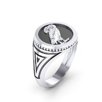 Owl of Goddess Athena Ring, Ancient Greek Mythology Seal Ring / Two-tone coloured Sterling Silver 92