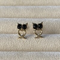 14k Yellow Gold Owl Stud Earrings: Black CZ, Screw Back