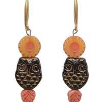 Czech Glass Owl Dangle Earrings: Black Gold Wash, Coral Flower Beads