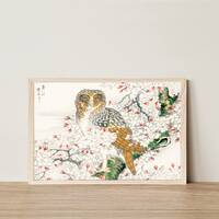 Japandi Owl Cherry Blossoms Japanese Digital Download Wall Art Watercolor Print Neutral Boho Cottage