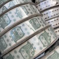 Owl print Rustic Farmhouse Style Ribbon in Grey/green & Cream