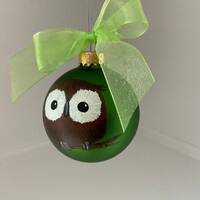 Hand Painted Owl Ornament, Green Glass with Snowflakes
