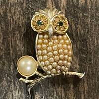 SARAH COVENTRY BROOCH…Owl…Seed Beads…Pearl…Rhinestone…Green Eyes&