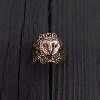 Owl Face Filigree Wrap Ring - Solid Cast Bronze Barn Owl Face - Size 5 to 9.5 - Owl Jewelry Gift for