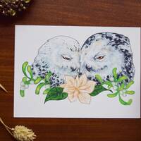 Snowy Owls // A6 Illustrated Watercolour Christmas Owl Print