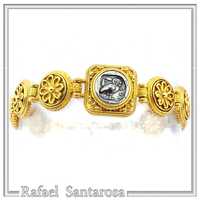 Tetradrachm Owl Coin Ancient Greek style Beaded Bracelet: 18k Gold Filled & Oxidized Sterling Si
