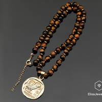 Stone Of Protection Necklace Owl Coin Pendant Necklace Pendant Natural Tiger Eye Beaded Limited Edit