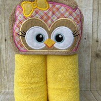 Pink Plaid Owl Applique Hooded Bath, Beach, Pool Towel, Swim Cover Up 30" x 54" Personaliz